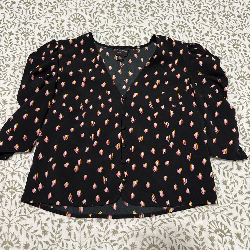 Free Press Black Blouse with Pink and Yellow Floral Pattern